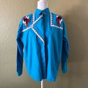 Vintage Blue Canyon Western Wear Small Blue Cowboy Poncho Shirt Blue Pearl Snap